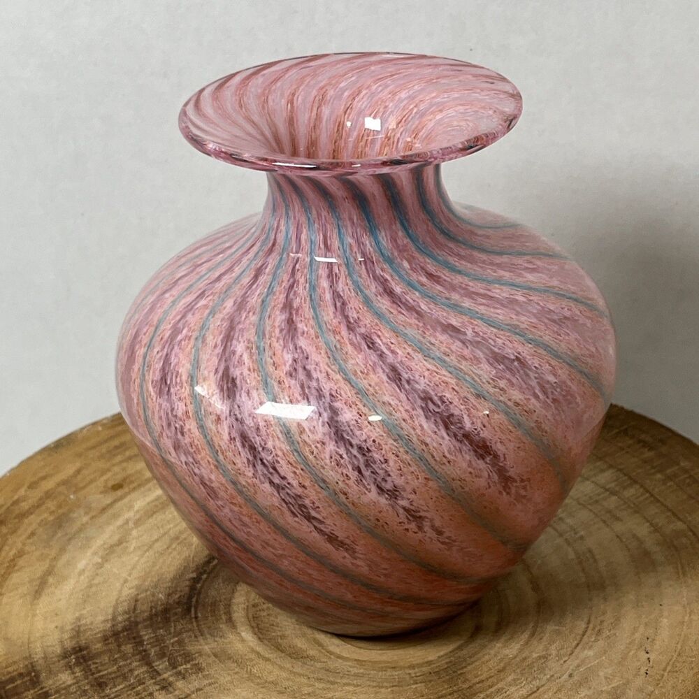 Vintage 1987 Union Street Studio Art Glass Vase Pink Blue Swirl 7” Signed